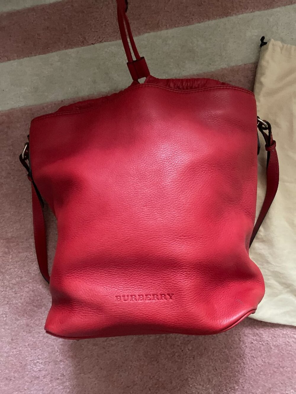 Authentic Burberry red leather bucket shoulder bag!